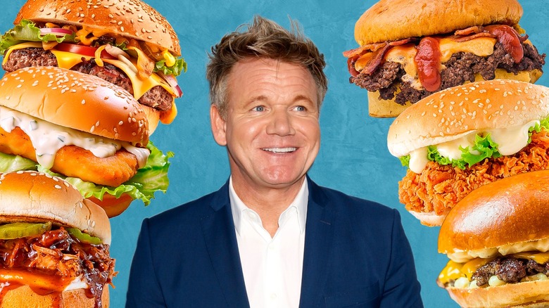 A composite image of Gordon Ramsay surrounded by different types of burgers