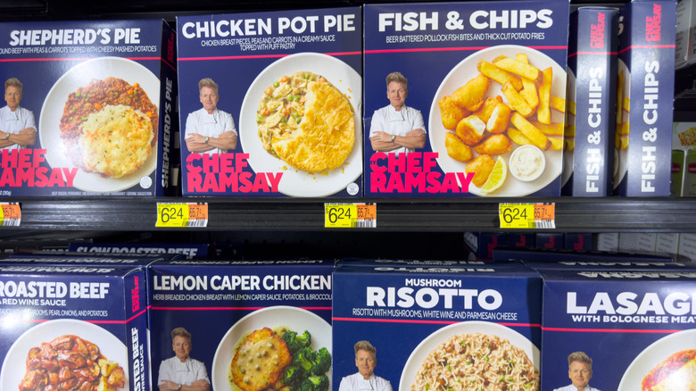 A supermarket frozen aisle display showing Chef Ramsay premade meals