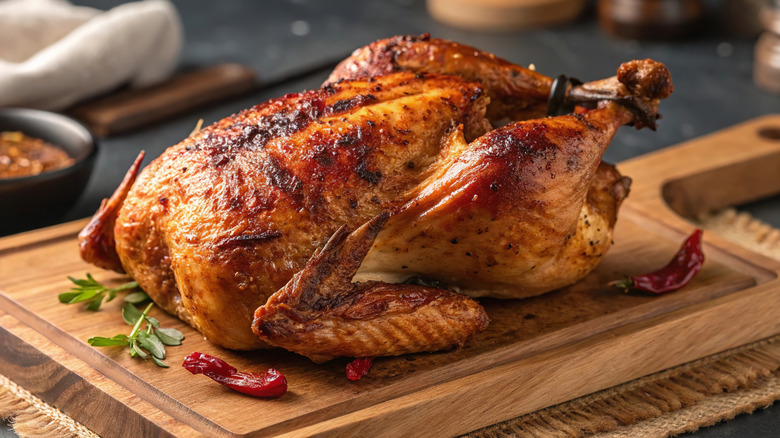 Browned roasted chicken on wood cutting board
