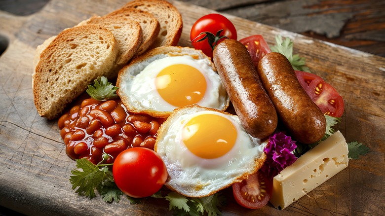 toast, beans, tomatoes, fried eggs, sausage, cheese on board