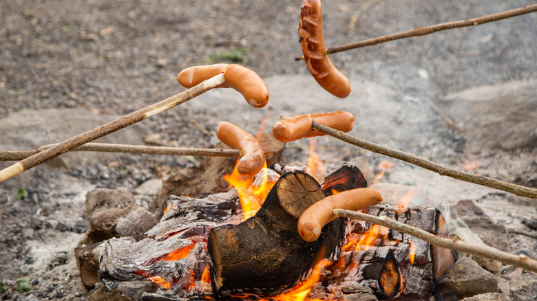 Hot dogs over a campfire