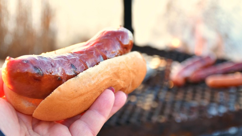 Person holding grilled hot dog with grill in background