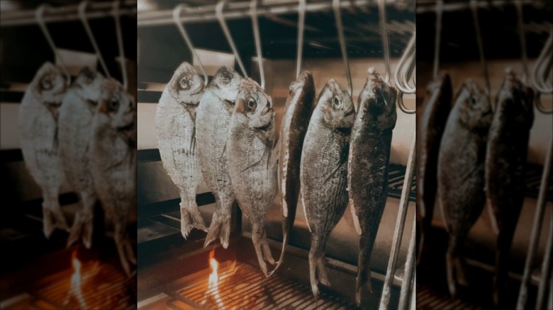 Fish hang over a grill as they cook