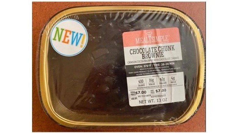 H-E-B chocolate chunk brownies in gold tray and plastic wrap