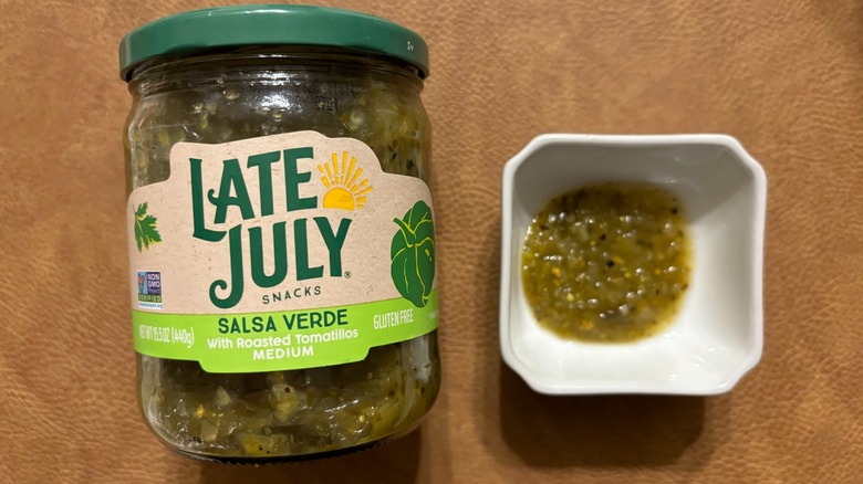 Late July Snacks Medium Salsa Verde jar and salsa in white ramekin