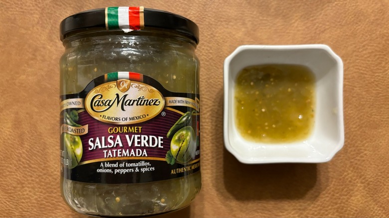 Casa Martinez Gourmet Medium Salsa Verde jar with salsa in white ramekin
