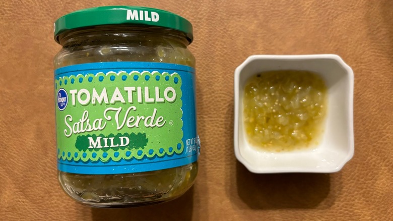 Kroger Mild Tomatillo Salsa Verde jar with salsa in white ramekin