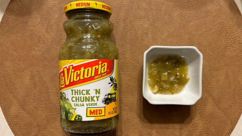 LaVictoria Thick 'n Chunky Medium Salsa Verde jar with salsa in white ramekin