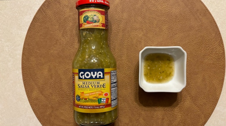 Goya Medium Salsa Verde jar with salsa in white ramekin