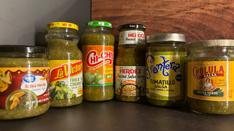 salsa verde jars in array on counter