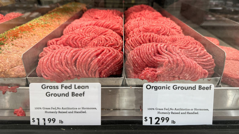 Ground beef in a glass case at the butcher's market