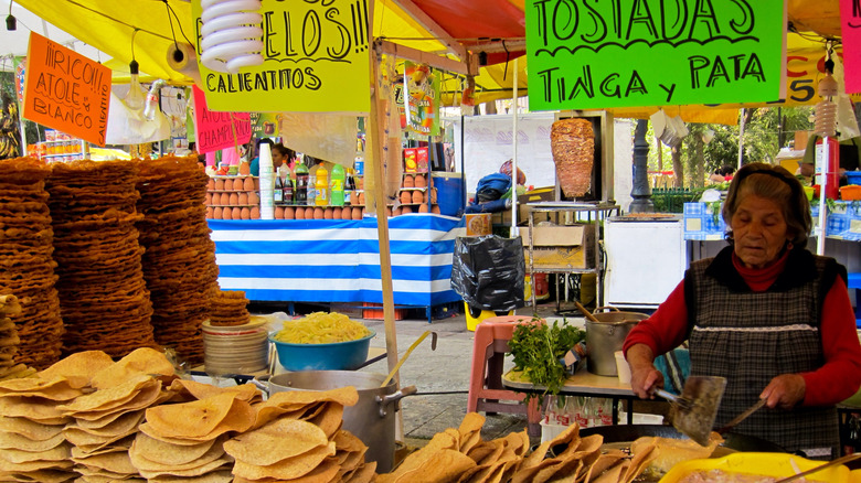 Street stall selling fried tortillas in Mexico