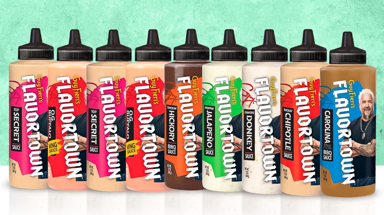 Flavortown Sauces lined up in a row