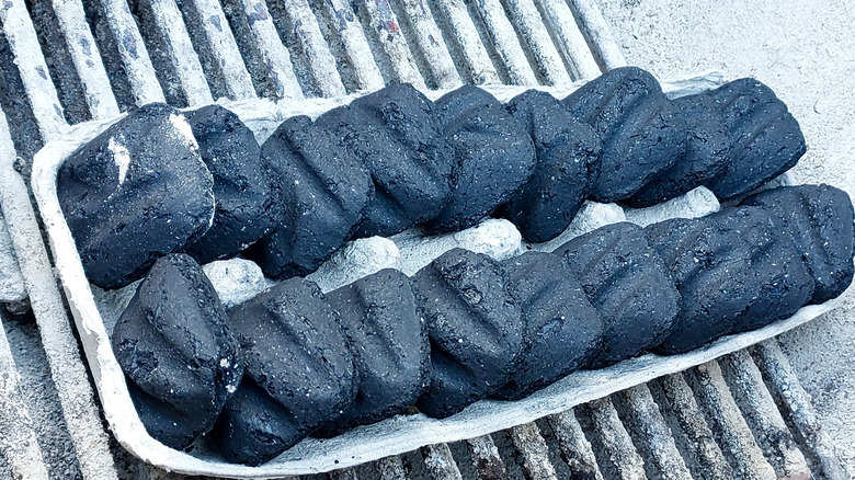 Cardboard egg carton filled with charcoal