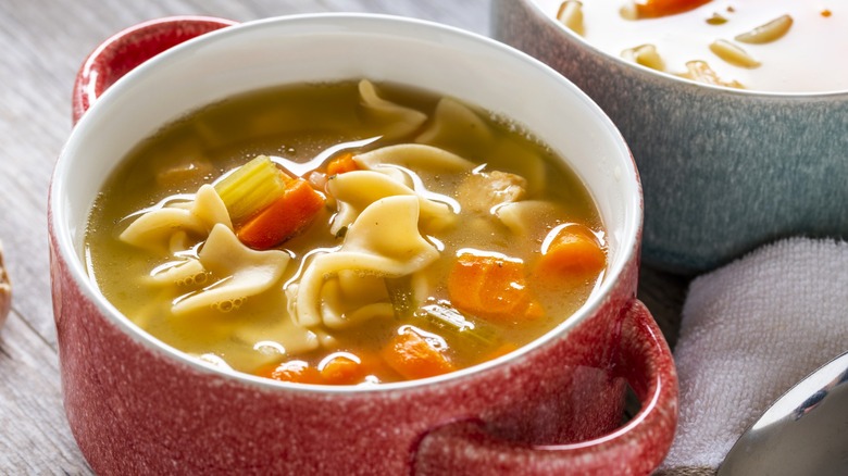 Chicken noodle soup in red ceramic bowl