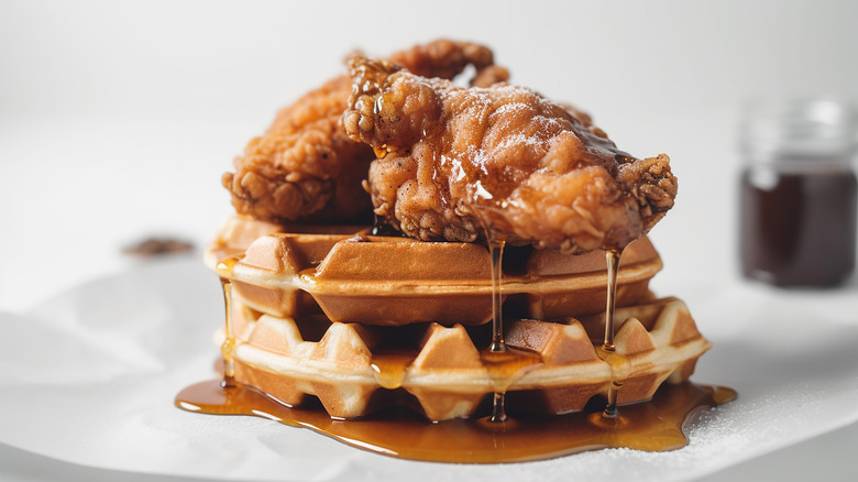 Two waffles topped with fried chicken and syrup, on a white plate