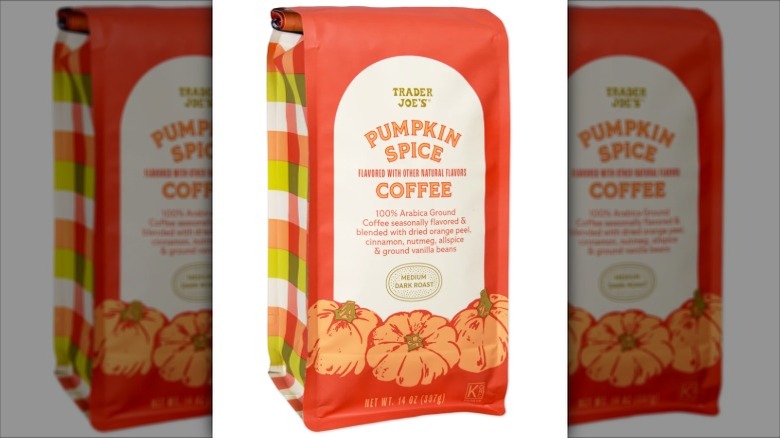 A bag of Trader Joe's Pumpkin Spice Coffee on a white background.