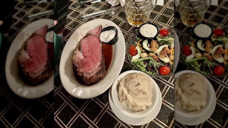 Prime rib steak served with side salad and mashed potatoes at J Timothy's Taverne