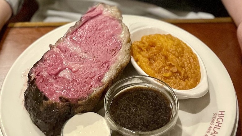32 ounce Prime Rib and Mashed Sweet Potatoes on plate at Highland Tap restaurant