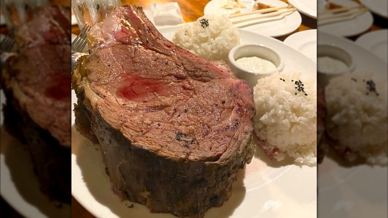Thick Prime Rib with side of white rice on plate from Haleiwa Joe's Seafoood Grill