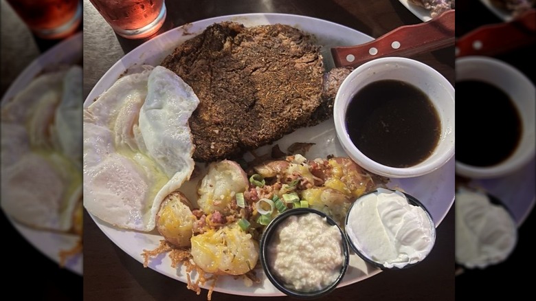 Blackened prime rib served for breakfast with eggs and potatoes  at the High Horse Saloon & Eatery.