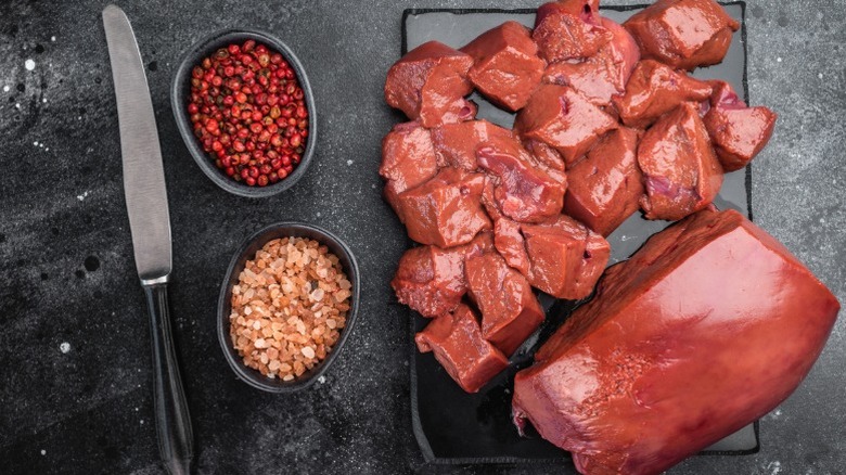 Raw beef liver chopped and prepared for cooking.