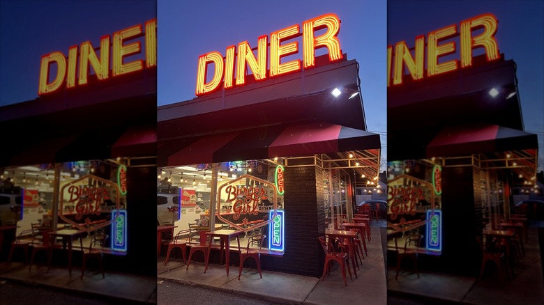 Burger Girl Diner exterior at night