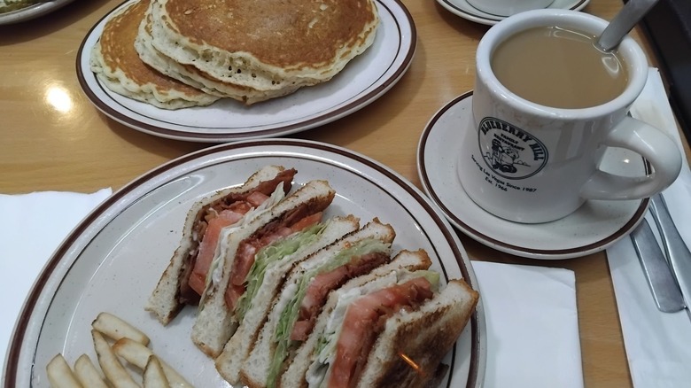 Pancakes, coffee, and a sandwich at Blueberry Hill Family Restaurant