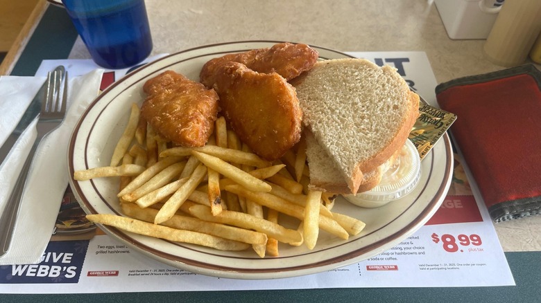 Fried fish filets, french fries, and side of bread from George Webb Restaurants