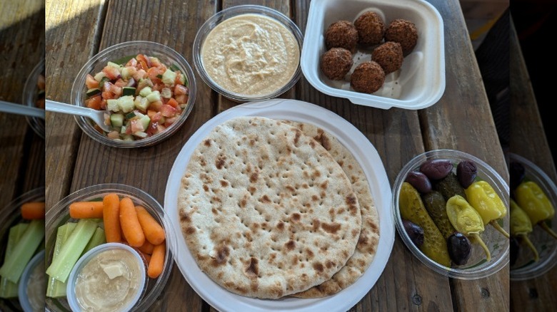 Pita, falafel, peppers, vegetables, and hummus from Pita Place in Fairbanks, Alaska