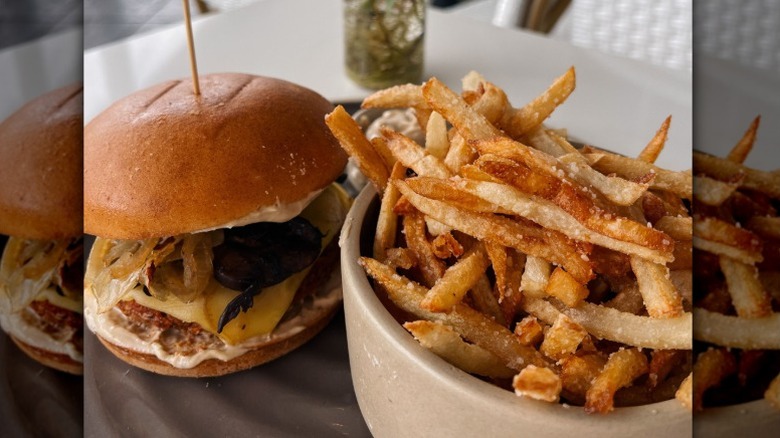 Vegan burger and fries from Mood restaurant in Tequesta, Florida