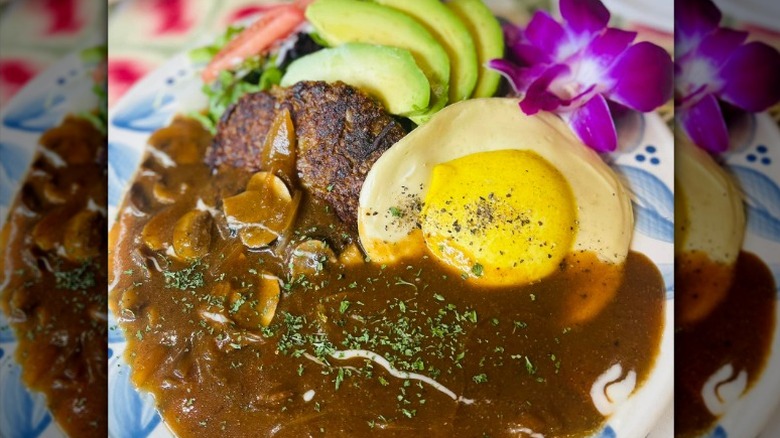 Vegan egg, curry or gravy, and meat with avocado from Peace Cafe in Honolulu, Hawaii