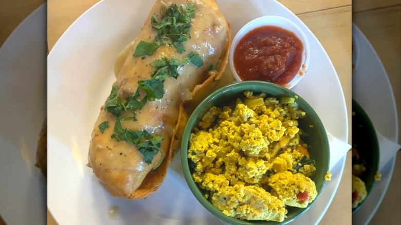 Vegan chimichanga with eggs and salsa from 10th Street Diner in Indianapolis, Indiana