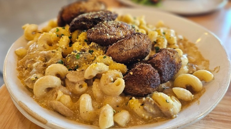 Vegan mushroom cavatappi with lion's mane mushrooms from Whole Harvest Kitchen in Leawood, Kansas