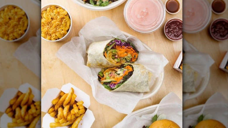 Vegan wrap, mac and cheese, fries, burgers, and smoothie from Rhythm 'n Wraps in Boston, Massachusetts
