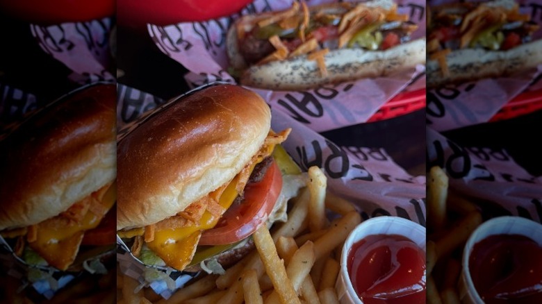 Vegan burger with fries and vegan hot dog from Francis Burger Joint in Minnesota