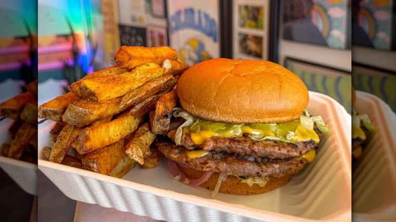 Vegan double patty burger and fries from Veg.Edible in Omaha, Nebraska