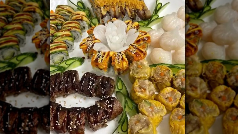 Dim sum, including various dumplings, sushi rolls, and vegan meats, from from Chef Kenny's Vegan Dim Sum in Las Vegas, Nevada
