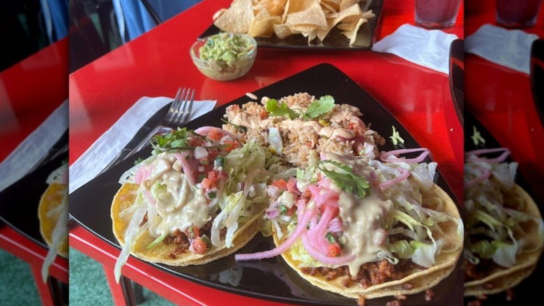 Vegan tacos with rice and chips and guac from Black Magic Mexican in Lebanon, New Hampshire