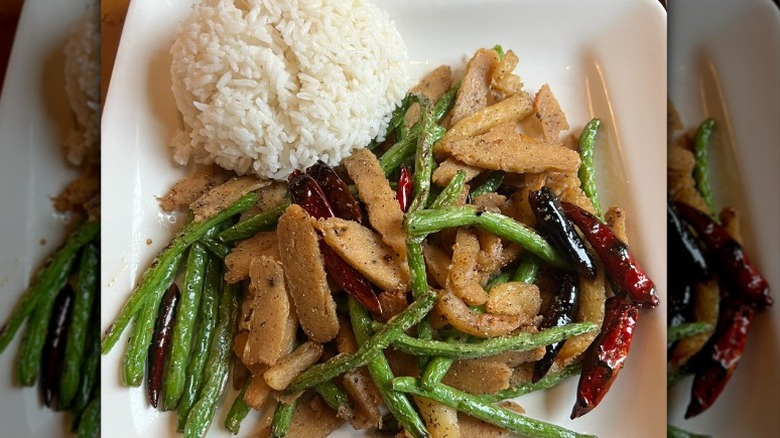 Vegan black pepper chick'n with peppers, green beans, and white rice from Veggie Heaven in New Jersey