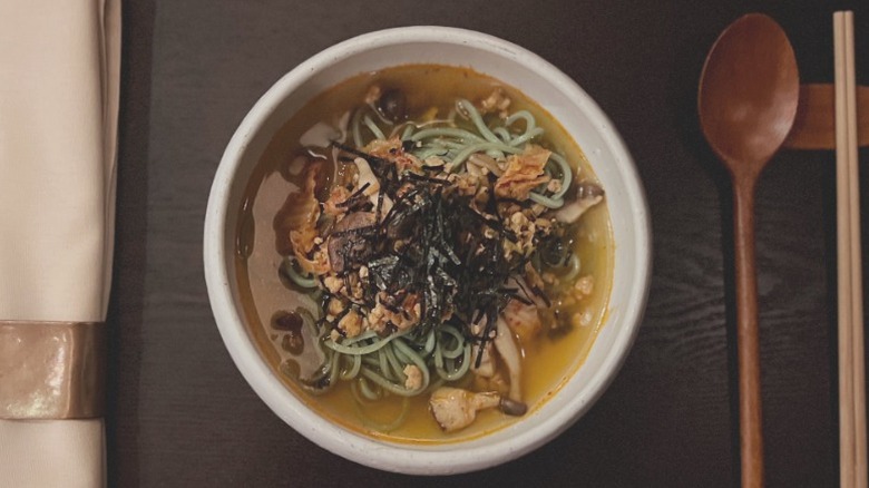 Vegan noodle dish with soup, seaweed, and mushrooms from Hangawi in NYC