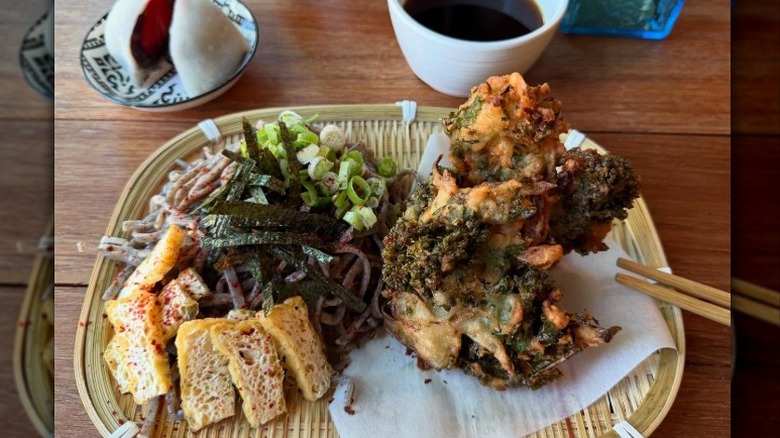 Vegan zaru soba with broccoli raab kakiage, fried tofu, and nori from Obon Shokudo in Portland, Oregon