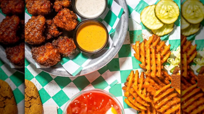 Vegan chicken wings, waffle fries, cookie, and drink from Twisted Plants in Wisconsin