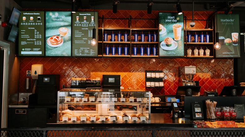 The front counter of a Starbucks location.