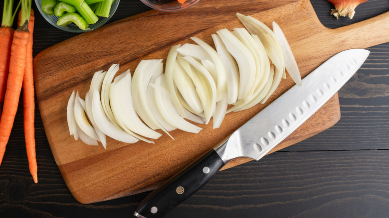 Sliced onions and Santoku knife