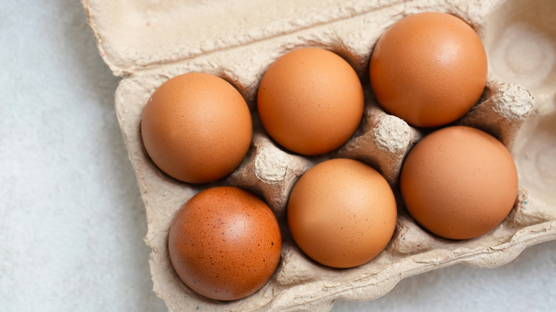 brown chicken eggs in a cardboard carton