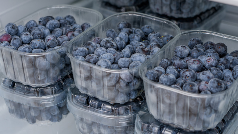 Refrigerated blueberries that have been stored in plastic containers.