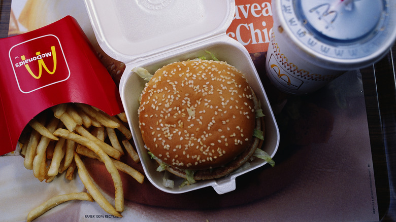 A top-down view of a Big Mac from McDonald's next to an order of fries and a drink ib a tray from the 1990s