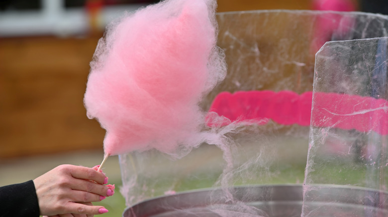 A person with pink nails holding pink cotton candy on a stick