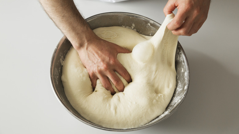 A baker presses a hand into stretchy, bubbly bread dough in a bowl